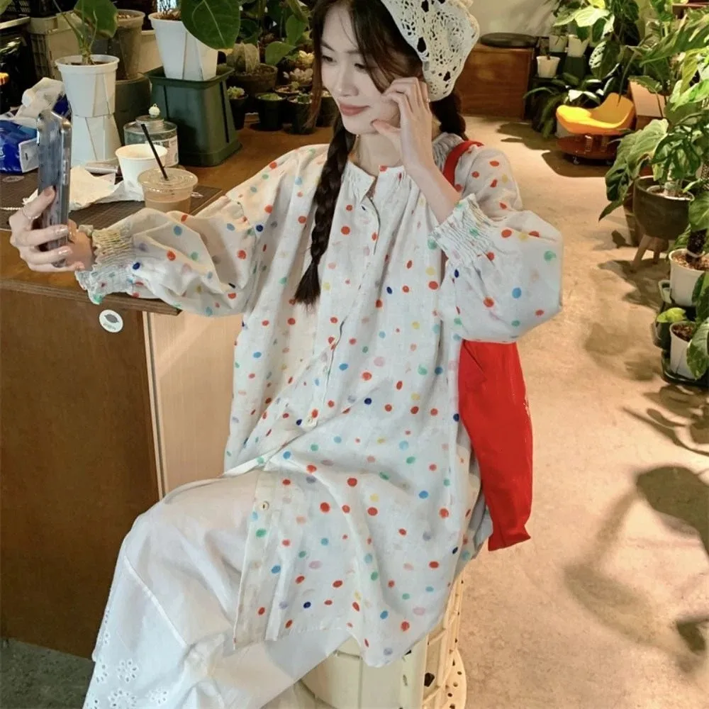 

Korean Style Sweet Colorful Dots Blouse Loose Casual Long Sleeve Shirt Thin Ins Pleated Shirt Top Streetwear