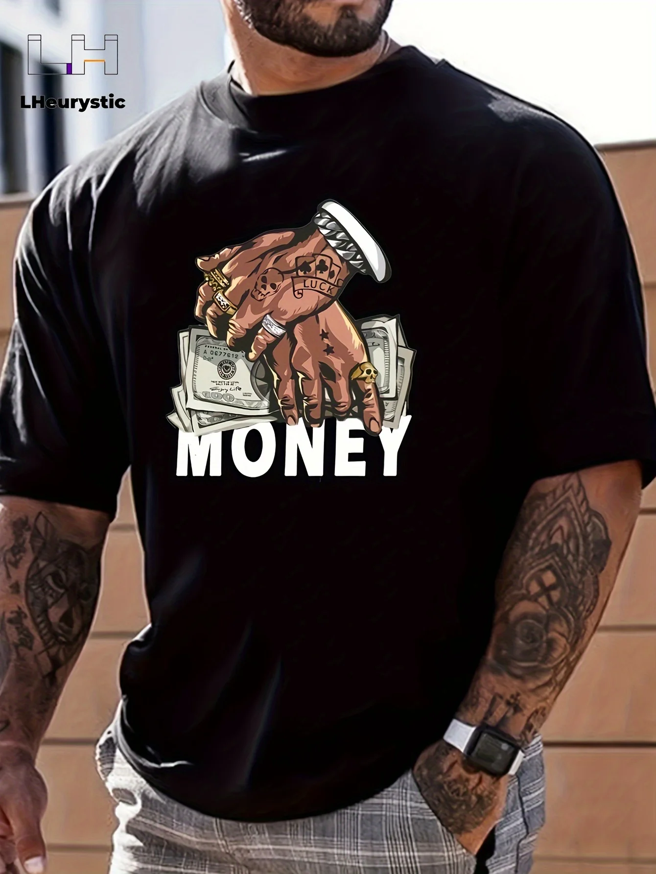 MONEY Print, Men's Graphic Design Crew Neck Active T-shirt, Casual Comfy Tees Tshirts For Summer, Men's Clothing Tops For Daily Gym Workout Running