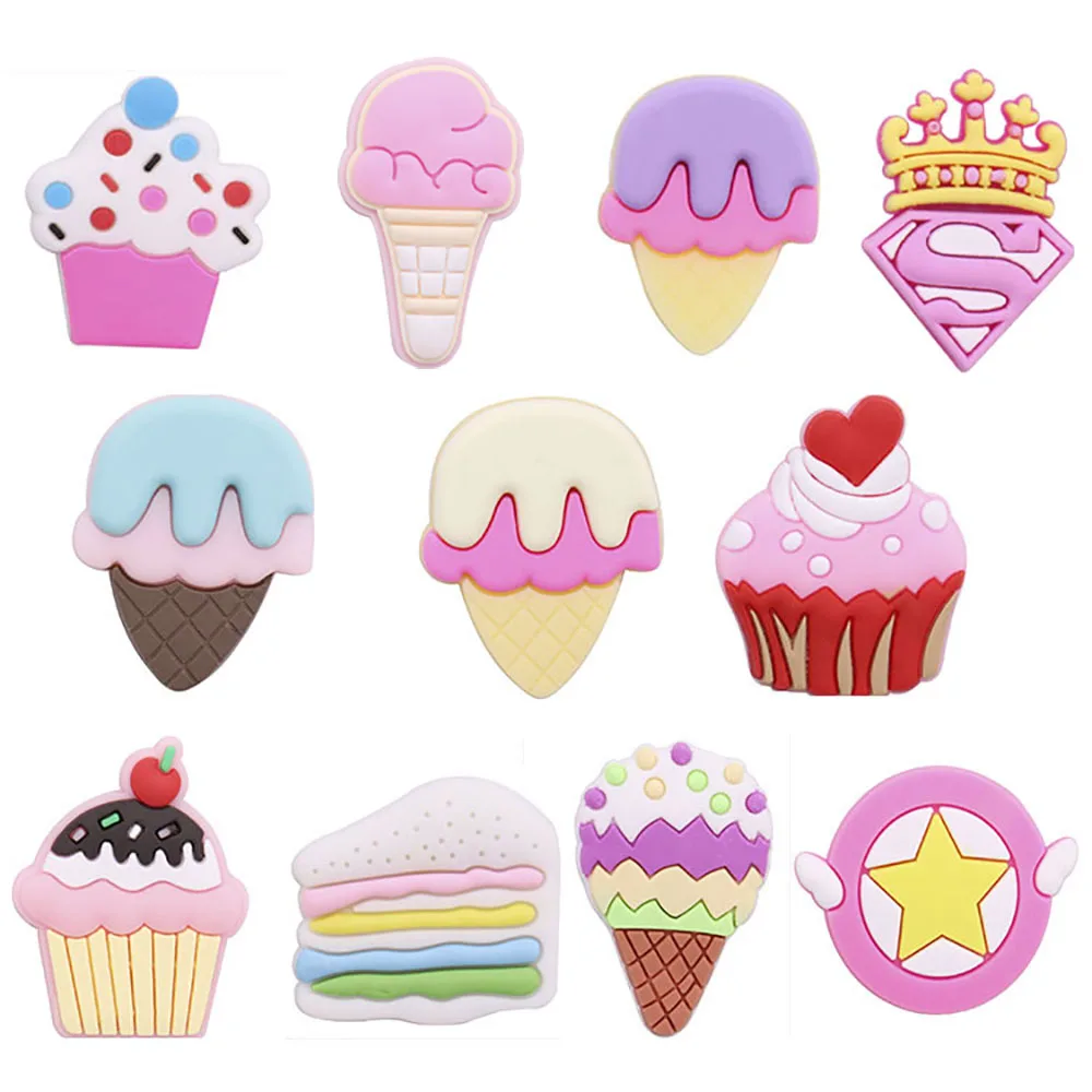 1Pcs PVC Shoe Charms Ice Cream Cone Cake Star Shield Accessories Shoes Buckle Decorations Fit Bracelets Children Gift