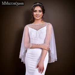 MMQ MG30 Elegant Beaded Wedding Shawl Summer Women Dress Bolero Pearls Tulle Cloak Wedding Accessory DIY Customizable