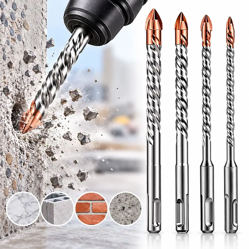 Extended Four-bladed Cross Impact Drill Bit Spiral Flutes Hardware Accessories Rotary Hammer Drill Bit Slotted Round Shank