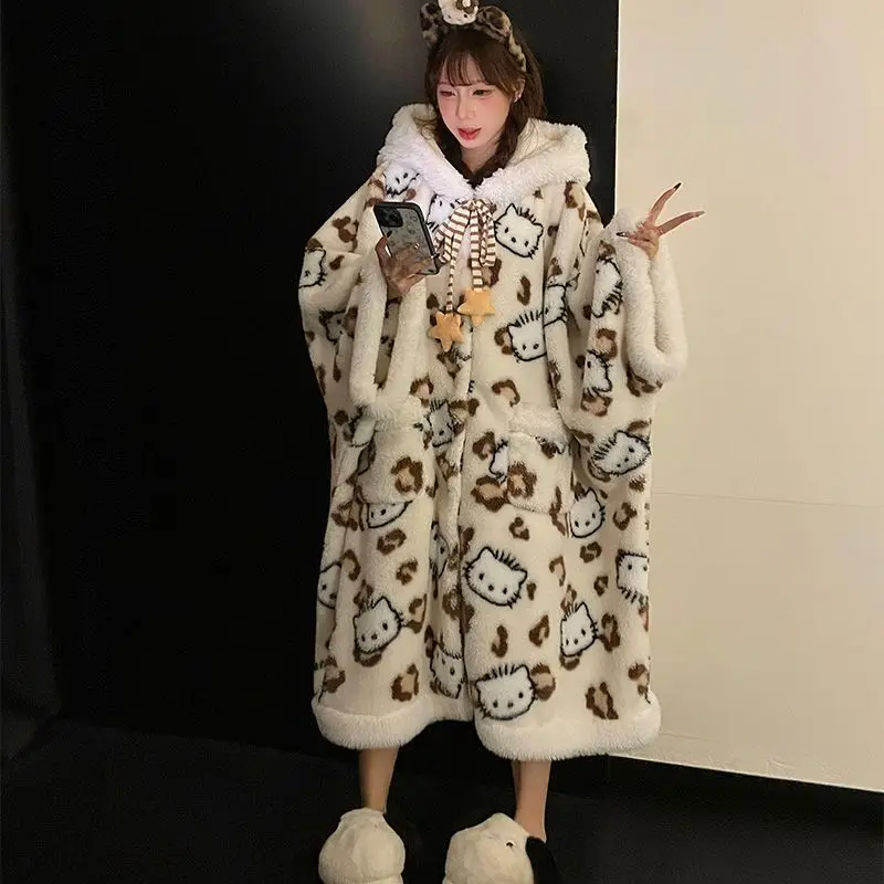 Hello Kitty Super Cute Leopard Print Winter Velvet Girl's Hooded Long-sleeved Cozy Soft Thickened Warm Bat-sleeve Cape Nightgown
