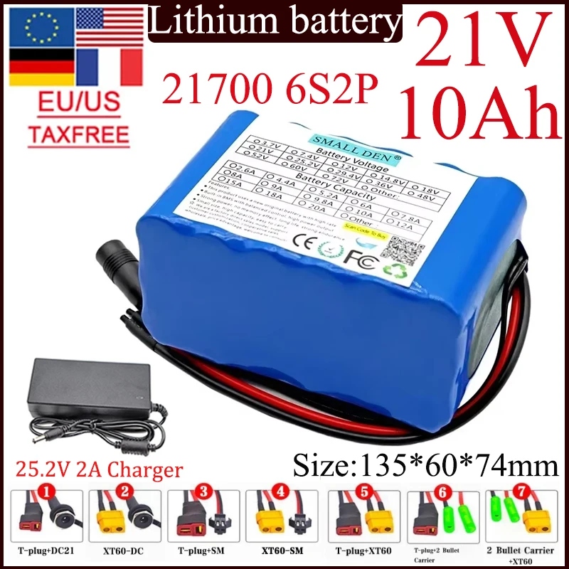 21700 6S2P 21V 10Ah Lithium battery pack Built-in 15A BMS for 10000mAh Outdoor camping spare high capacity battery+charger