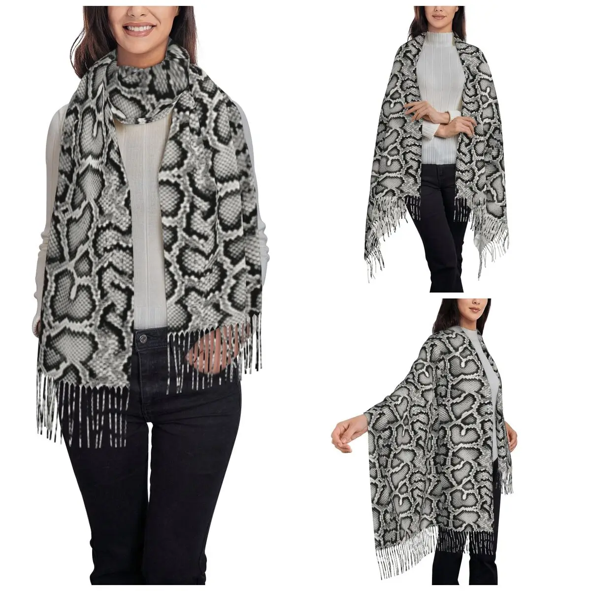 Python Snake Skin Shawls Wraps for Ladies Warm Long Soft Scarf Pashminas Tassel Scarves