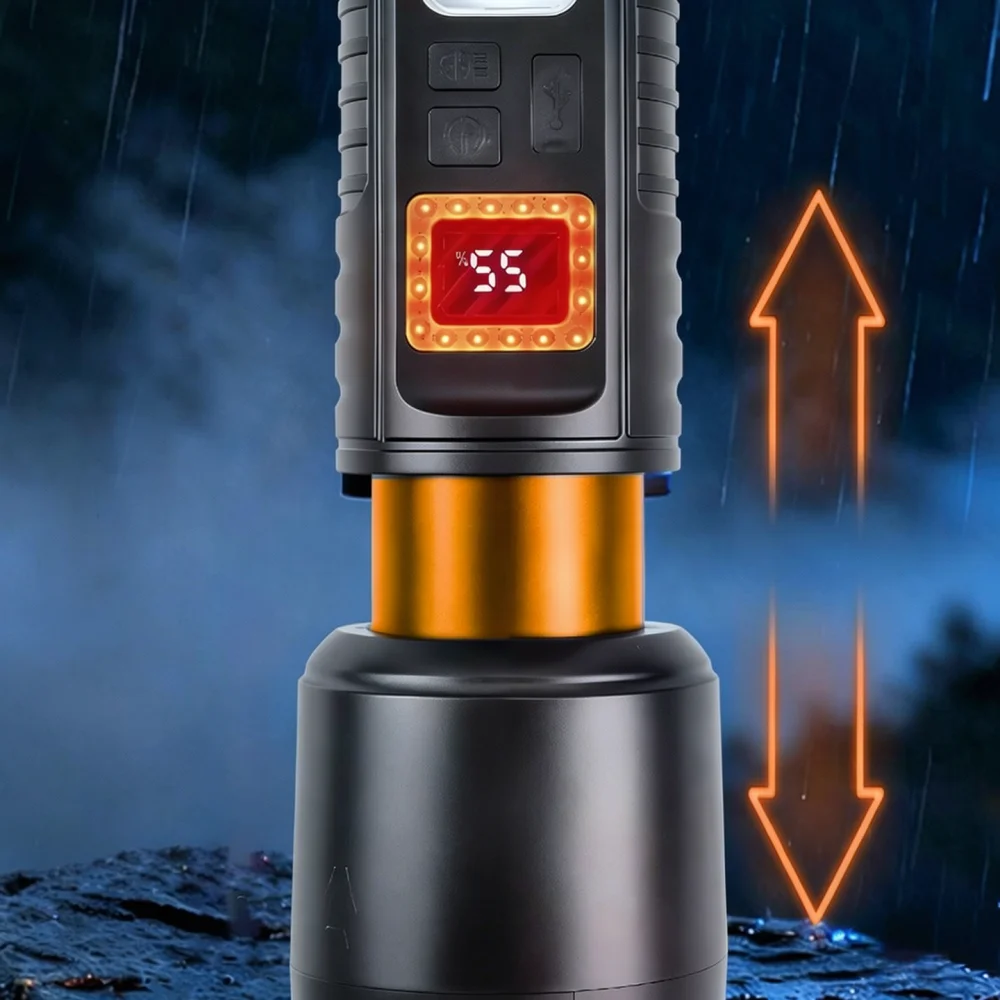 Zoomable Led Flashlight Outdoor Survival Torch Waterproof Camping Light Solar Powered Digital Screen Red Blue Warning Lamp