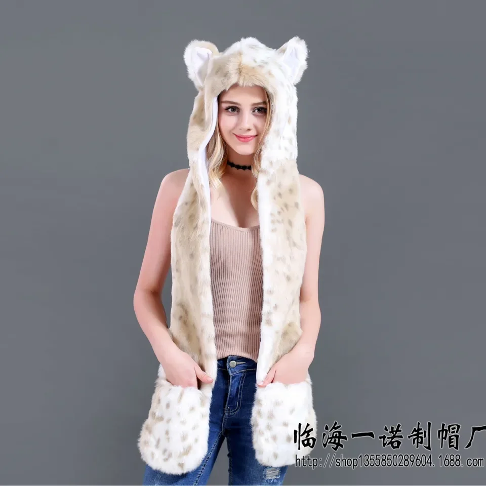 

Animal Ear Faux Fur Hat Scarf Gloves Set Winter Warm Cartoon Bonnet for Women Girls