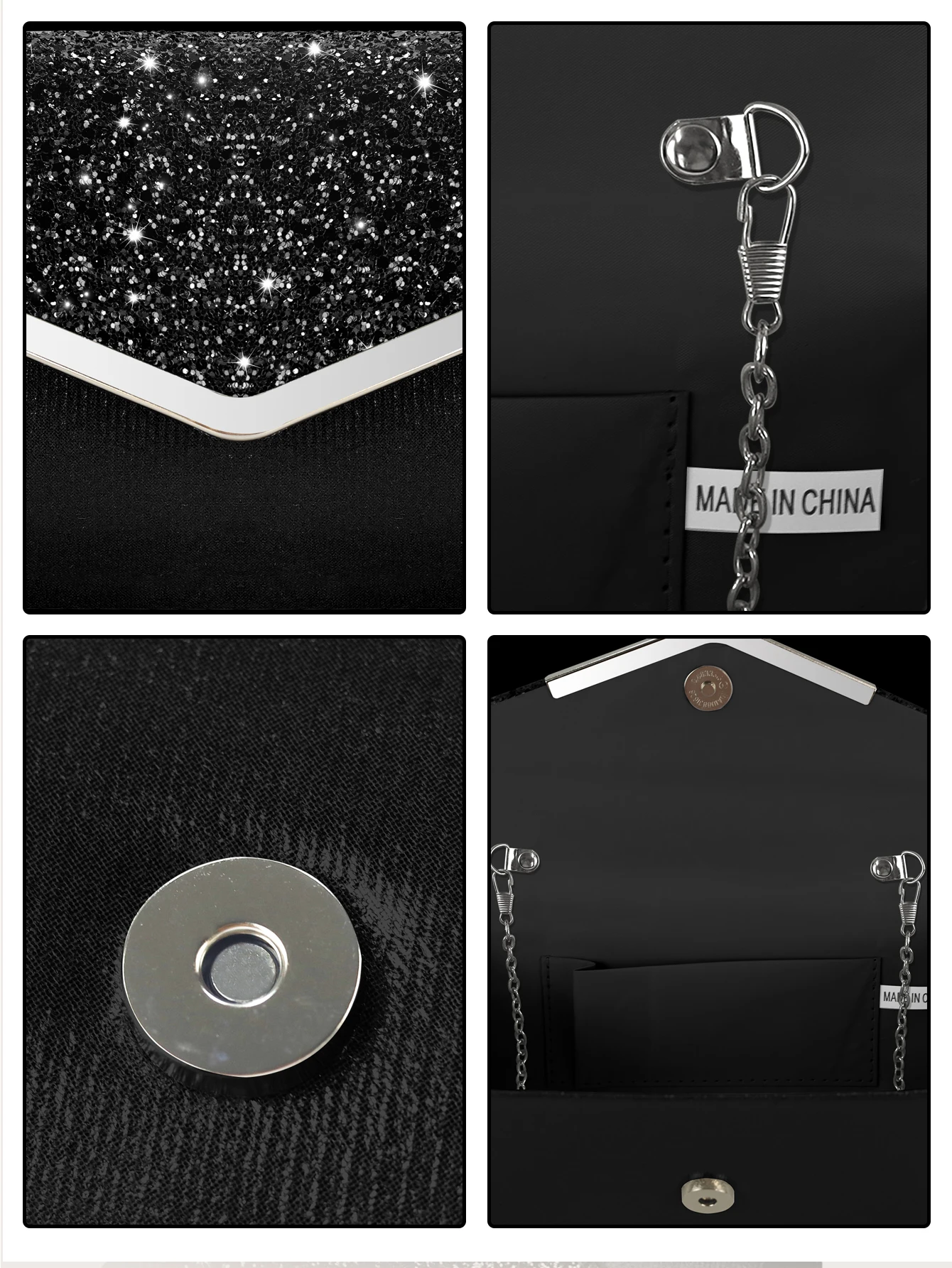 حقيبة يد وحقيبة مسائية للحفلات النسائية ذات الترتر المتلألئ، مقترنة بقلادة وأقراط وأساور مكونة من أربعة قطع. #5