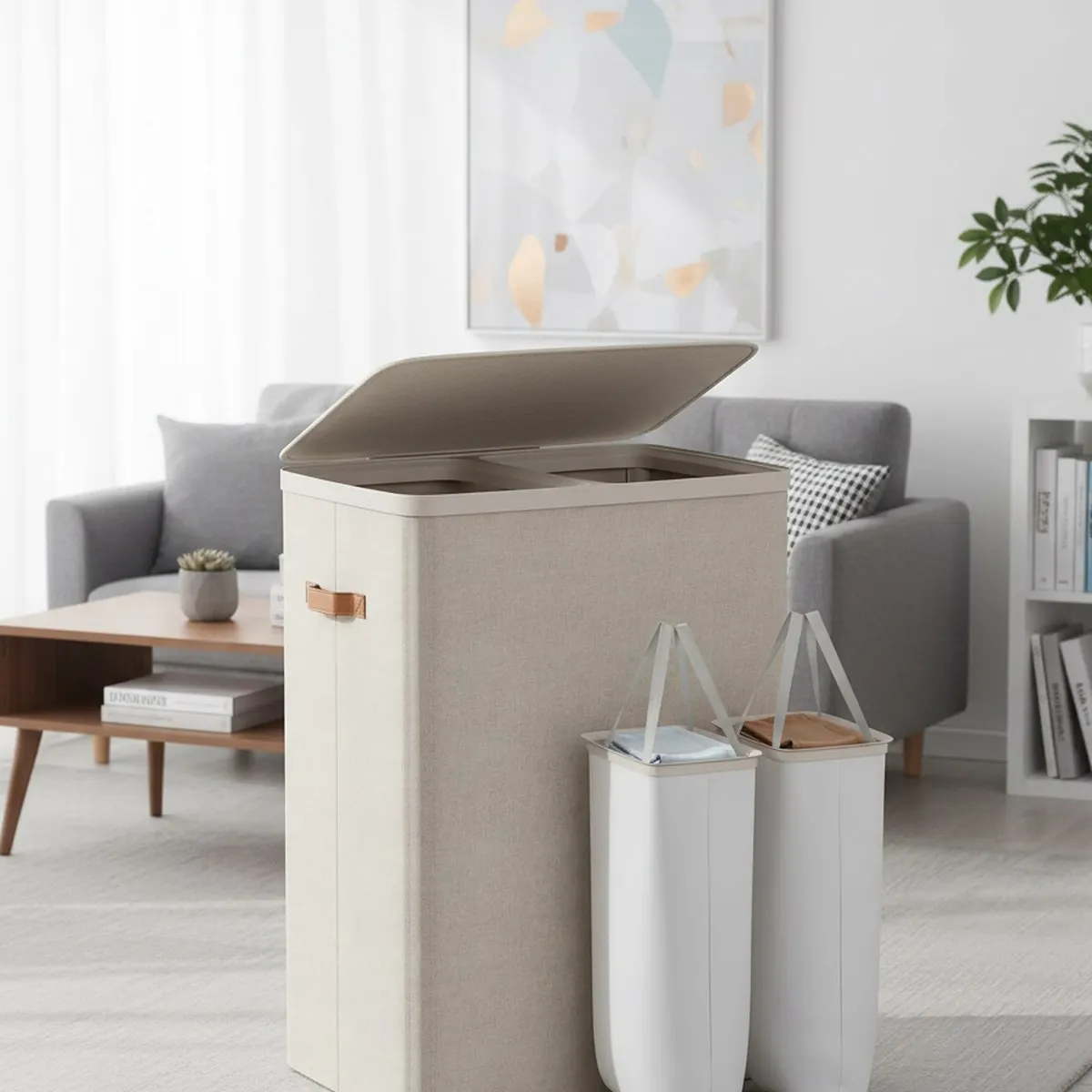 Cesto de Ropa Sucia Plegable Grande de 2 Secciones con Tapa y Asas, Color Beige