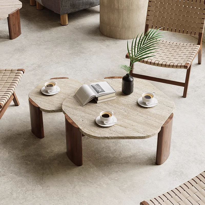 Natural Travertine Marble & Wooden Coffee, Side Table For Home Hotel Restaurant