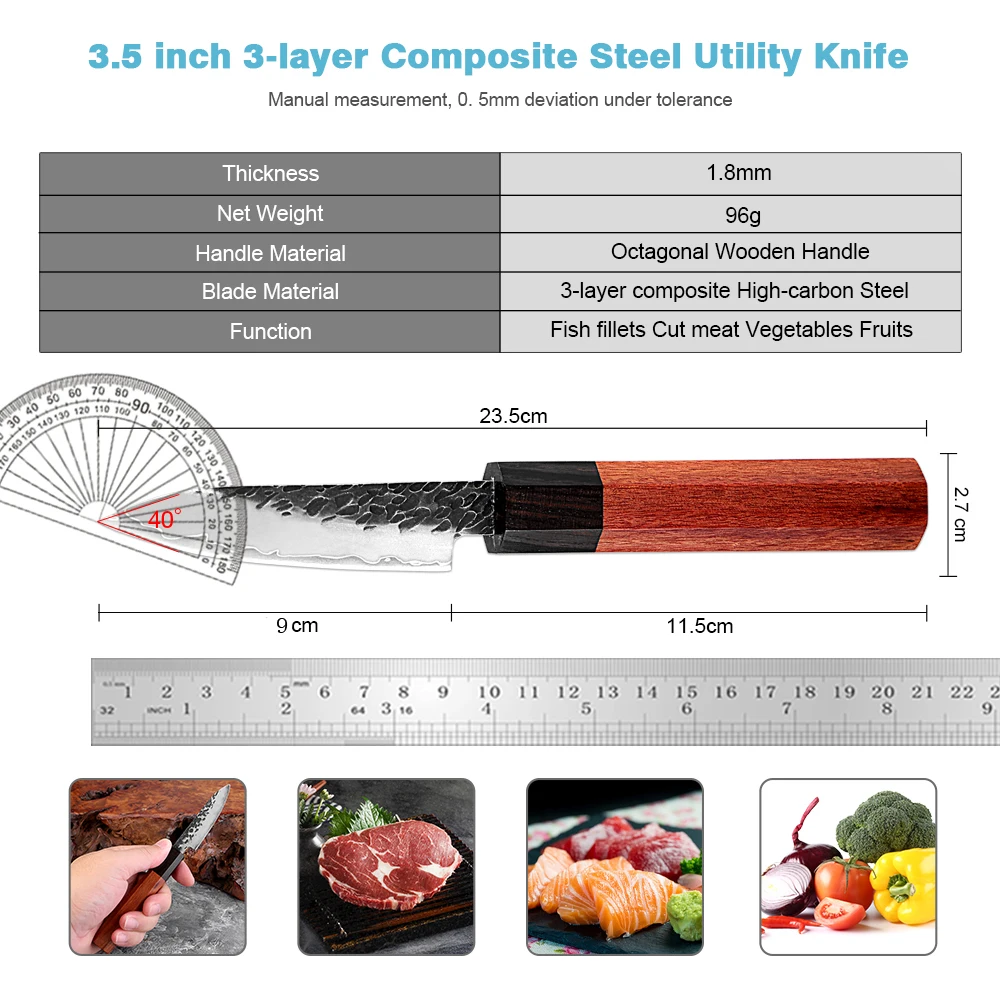 3.5 Inch Paring Knife Triple-layer Composite Steel Sharp Japanese Kitchen Knife Peeling Fruit,Vegetables,Octagonal Wooden Handle