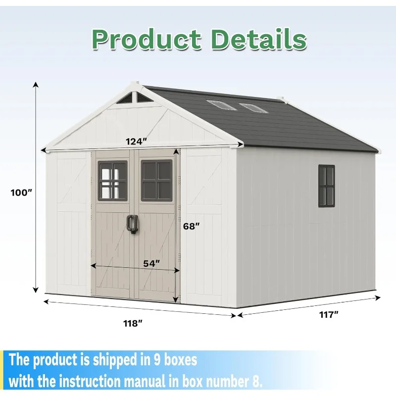 سقيفة تخزين بلاستيكية مقاس 10 × 10 أقدام، من الراتنج مع باب قابل للقفل وكوة