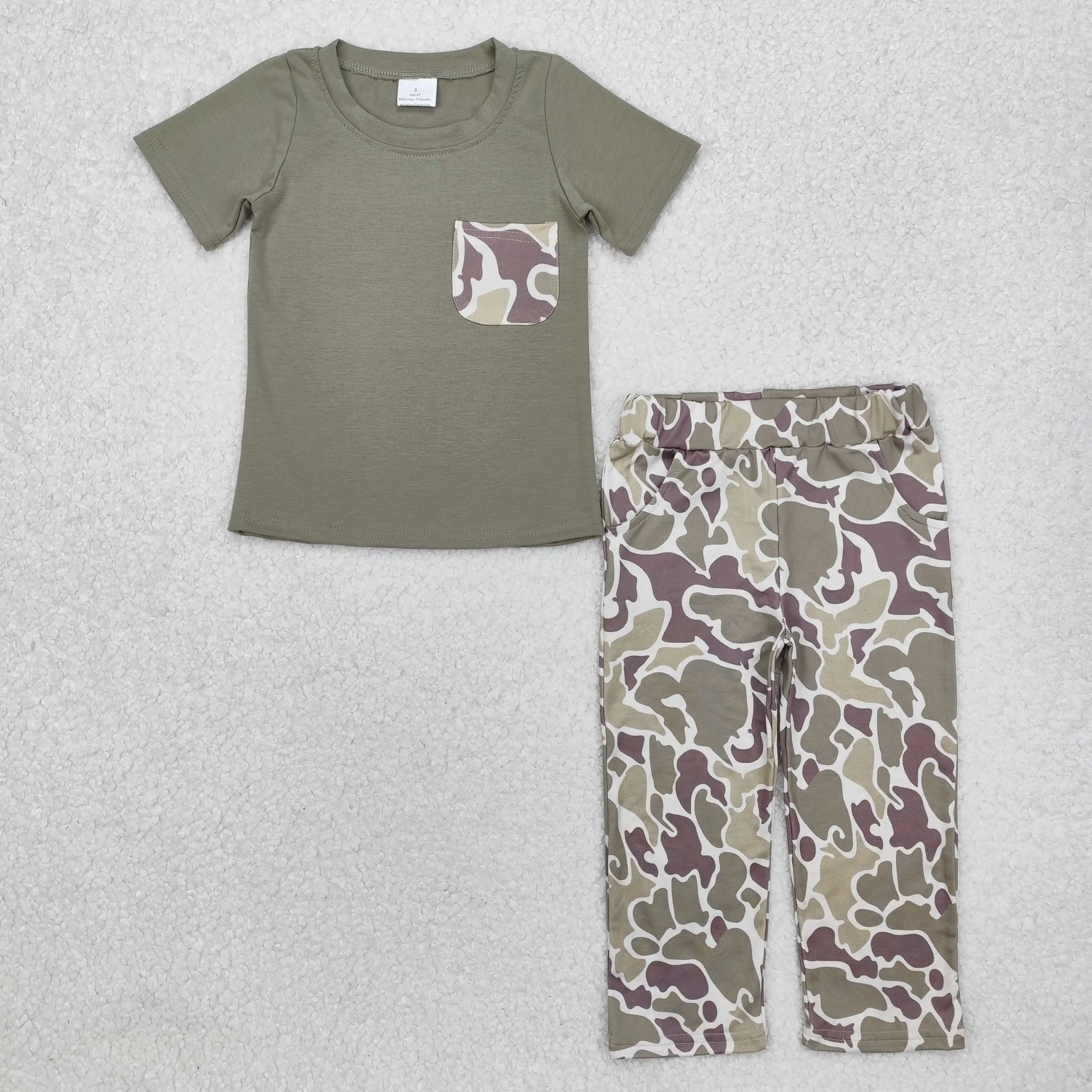 

New rts infant boys sets wholesale boutique hot sale camouflage pocket army green short sleeves trousers boys set