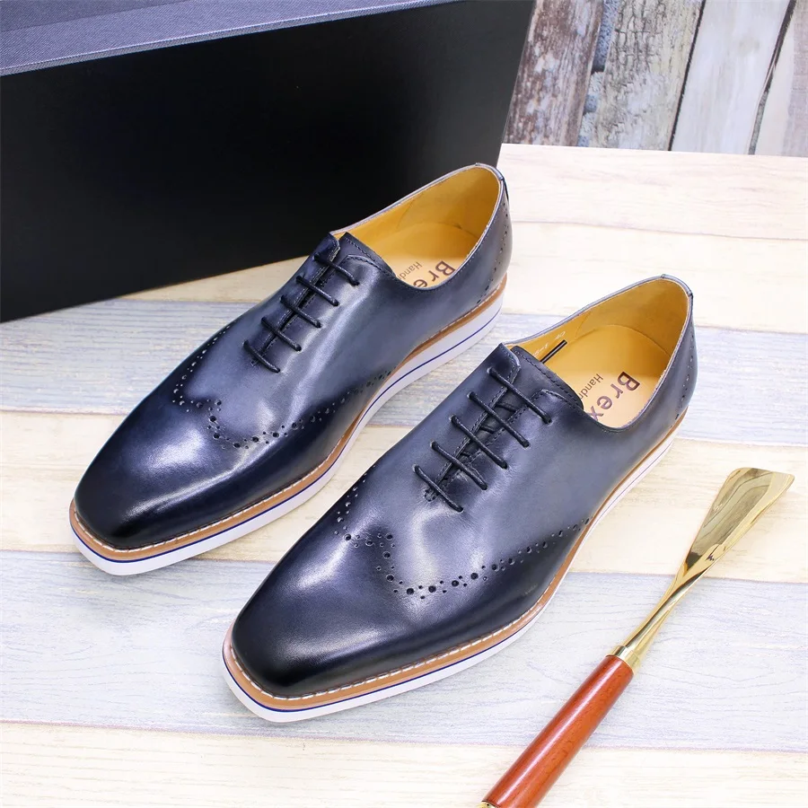 Genuine Leather Men\'s Casual Shoes Comfortable Lace-Up Brogue Handmade Flat Shoes Office Party Dating Formal Dress Men\'s Shoes