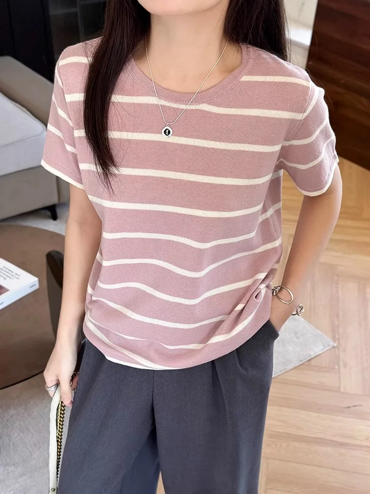 تي شيرت نسائي جديد محبوك من القطن الخالص لعام 2025 تي شيرت نسائي مستدير Ne مخطط اللون بلو فضفاض للتخسيس غير رسمي f Sve irt