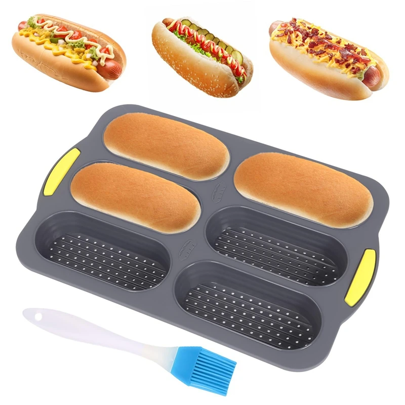 Silicone Pan, Hot Dog Bun Pan With Oil Brush,6 Gutter Nonstick French Bread Bake Mold, French Bread Loaf Pan For Hot Dog