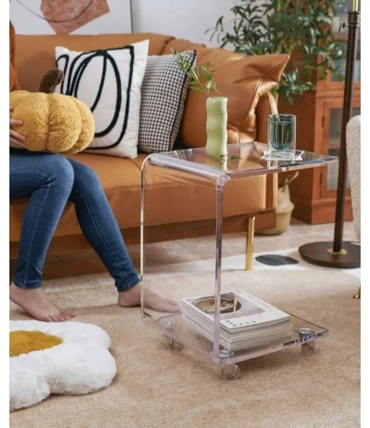 INS Acrylic Sofa Bedside Table  Luxury Transparent with Roll Wheel Movable Small Table L-type Snack Tea Side Table 12mm