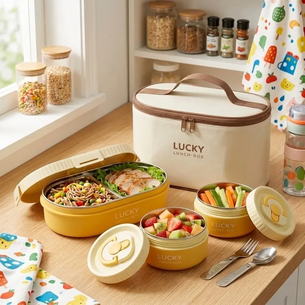304 Stainless Steel Bento Lunch Box Set Kids Adults Leakproof Divided Thermal Food Storage Containers Microwavable with Handle