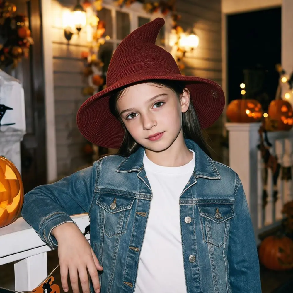 Soft Children's Witch Hat Yarn Cotton Breathable Halloween Hat Solid Color Magic Hat Mother Daughter Matching Costume