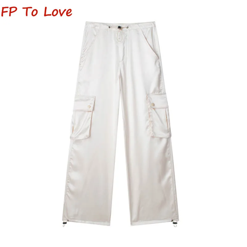 Y2K Satin Summer Cargo Pants Pocket Shiny Elegant Long Trousers Straight Casual Shirring Pink White Bloggers Outfit Chic