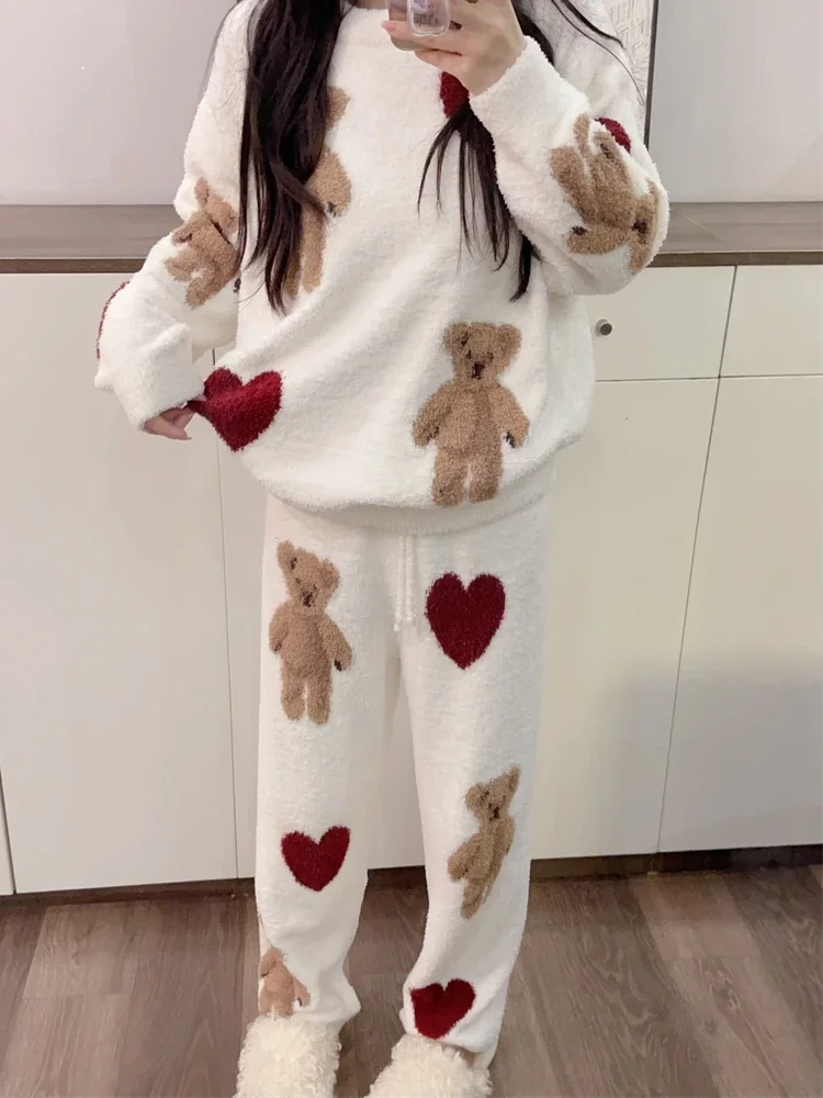 Nette Bär Korallen Fleece Warme Pyjama Sets Langarm O Neck Pullover Frauen Lose Cartoon Süße Loungewear 2025, Neue Mode