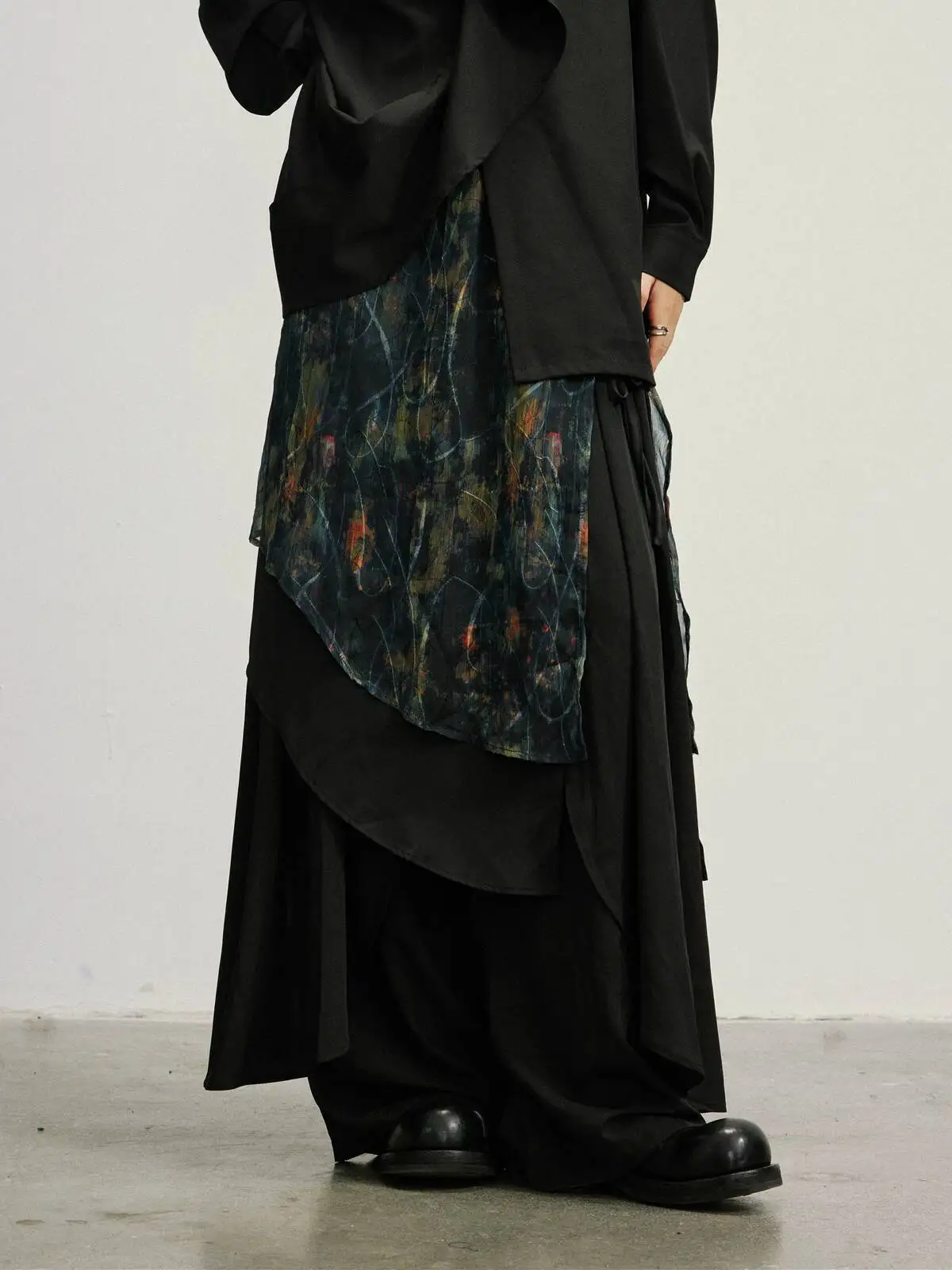 UMI MAO المتخصصة تصميم الفني طباعة طبقة مزدوجة ميدي تنورة تنوعا منتصف طول الطبقات تنورة المئزر فام