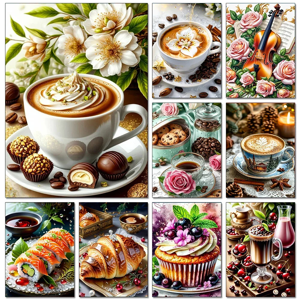 

5D DIY Coffee Bread Picture Diamond Painting Art Kit Kitchen Restaurant Gem Inlay Suitable for Adult DIY Hobbies