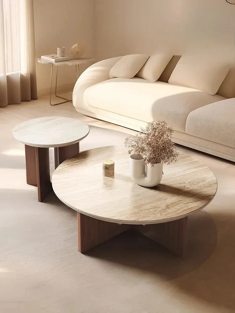 A Nordic Antique Style Household Minimalist Stone Plate round Tea Table