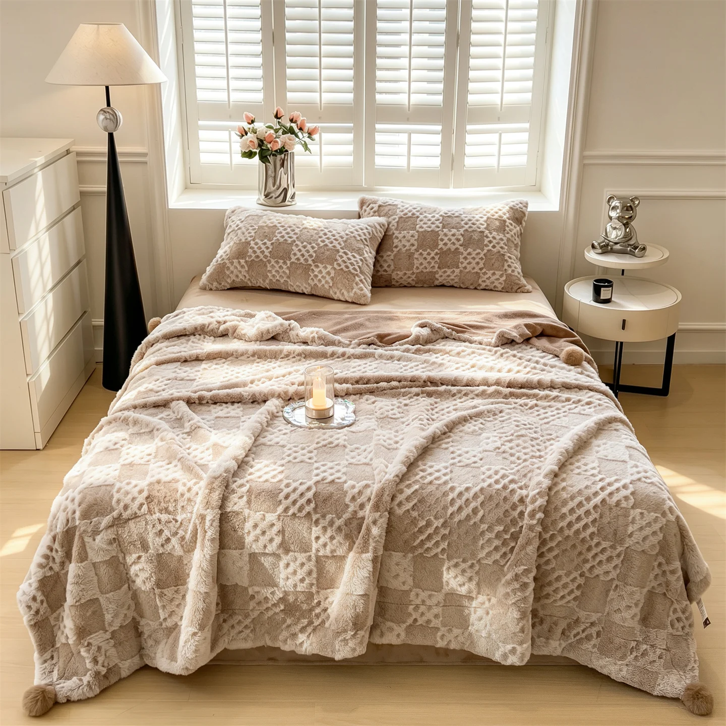 Checkered Faux Rabbit Fur Blanket with Pom Poms Thick Warm Milk Velvet Blankets for Bed Sofa Double Layer Plush Winter Blanket