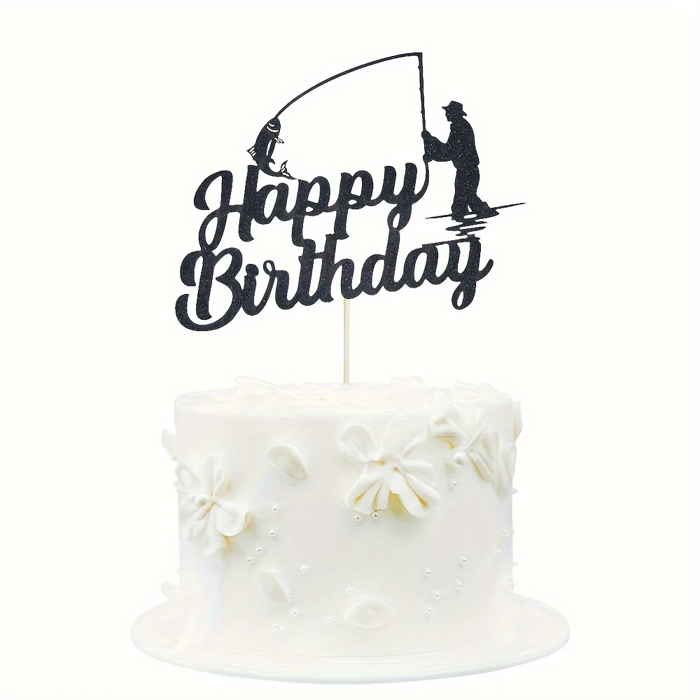 1 Stück Fischer Alles Gute zum Geburtstag Kuchen Topper, Outdoor-Thema, Angeln Party Dekor, Kuchen Dekor, Backzubehör, Party Dekor
