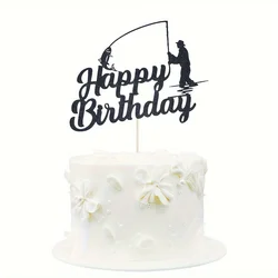 1pc Fisherman Happy Birthday Cake Topper, Outdoor Themed, Fishing Party Decor,Cake Decor, Baking Supply, Party Decor