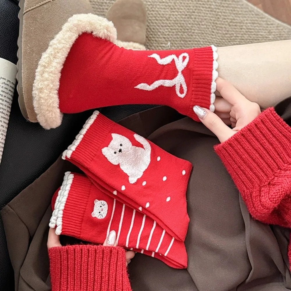 

5 Pairs Bow Combed Cotton Red Socks Breathable Soft Polka Dot Socks Comfortable Creative Stripe Socks Lunar New Year