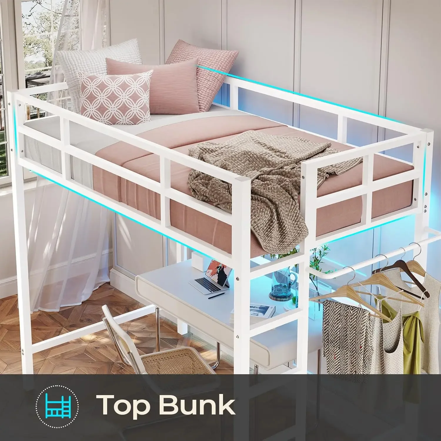 Volledig bedframe met boekenkast, hoofdeinde, 4 opbergladen, laadstation, lattenbodem, geen boxspring nodig, LED-bedframe