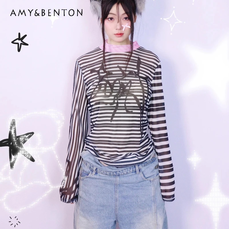 

Original Black and White Striped Printed Women's Long-sleeved Top Spring Summer Mesh Breathable Bottoming Shirt T-shirt Ladies