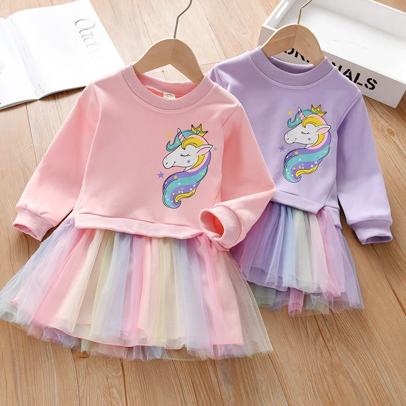 Spring Autumn Style Casual Dress for Girls Age 2-10 Cute Pink Purple Hoodie Chiffon Skirt European American Style Beauty Dress