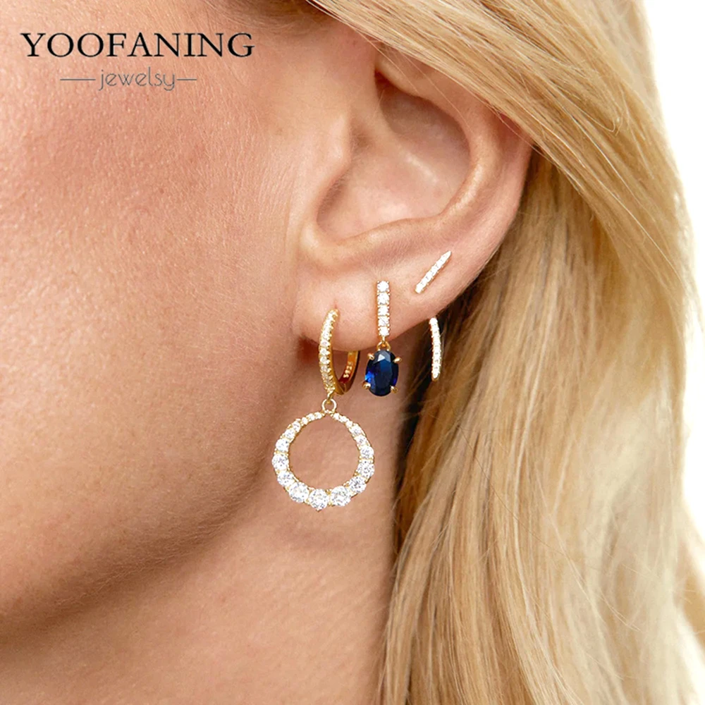 925 Sterling Silver Ear Needle Exquisite Luxury Hoop Earring Exquisite Blue Zircon Fashion Series Earring for Women Jewelry Gift