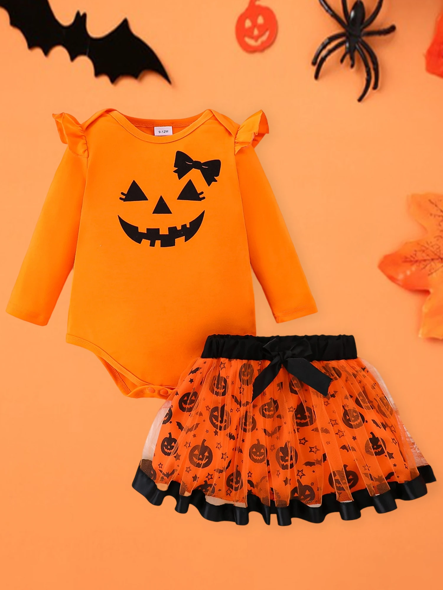 

Toddler Girl Pumpkin Print Long Sleeve Dress and Leggings 2 Pcs Set for Halloween Costume Party Outfit