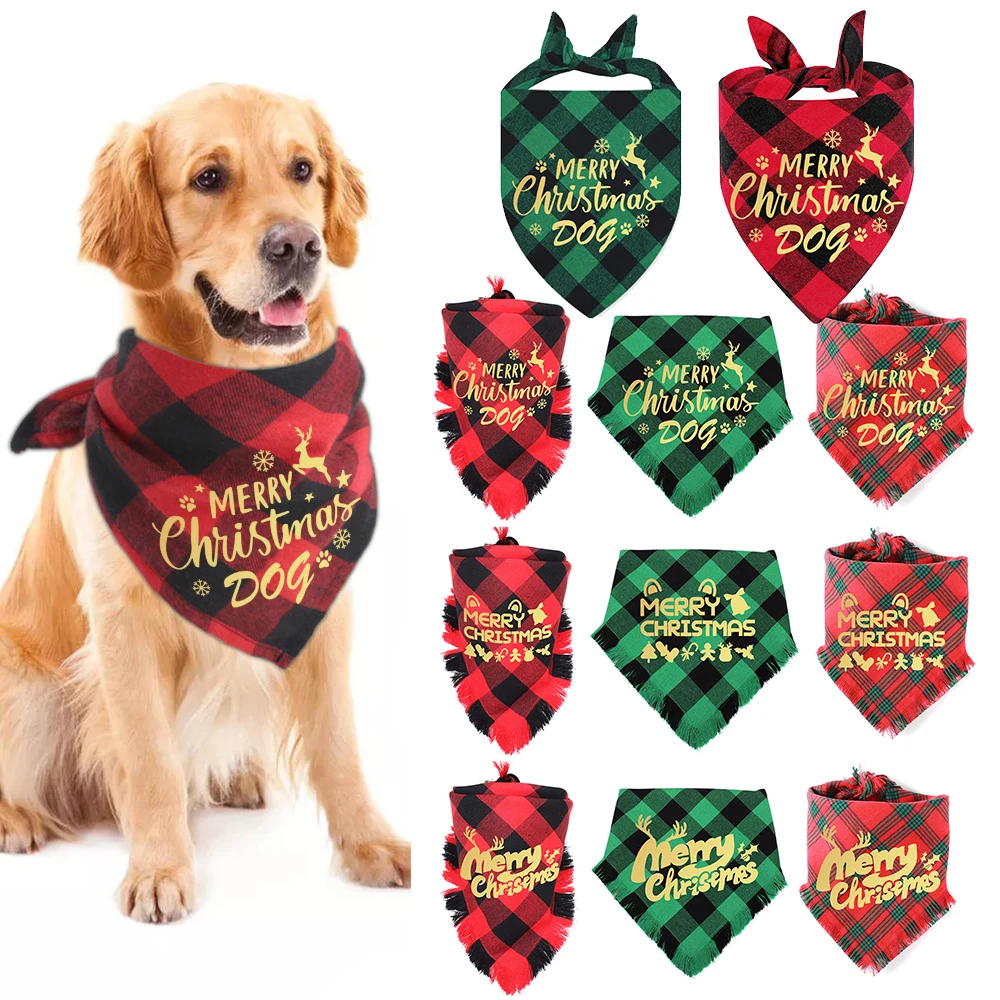 Dog Bandana Christmas Classic Plaid Pet Scarf Triangle Bibs Kerchief Merry Christmas Santa Snowman Print Pet Bandana Dog Supply