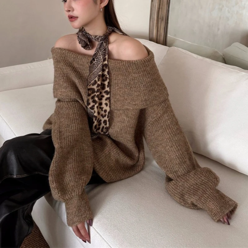 

Knitted Women Pullovers Sweaters Solid Jumpers Slash Neck Lantern Sleeve Thick Loose Fit Office Lady Casual 2026 Autumn Winter