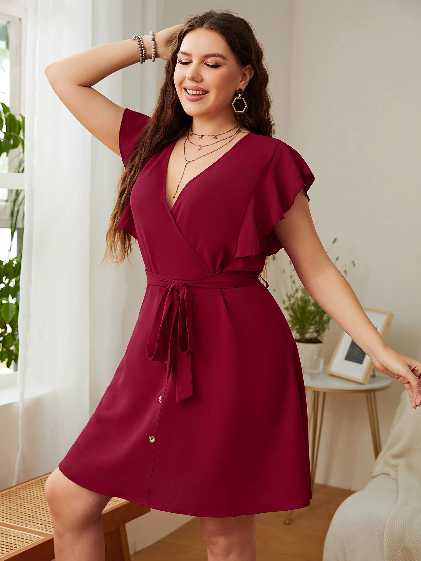 Dresses Plus Size Women 2024 New Fashion V-Neck Ruffle Sleeve Loose Dress Casual Solid Color Large Size Female Elegant Dresses