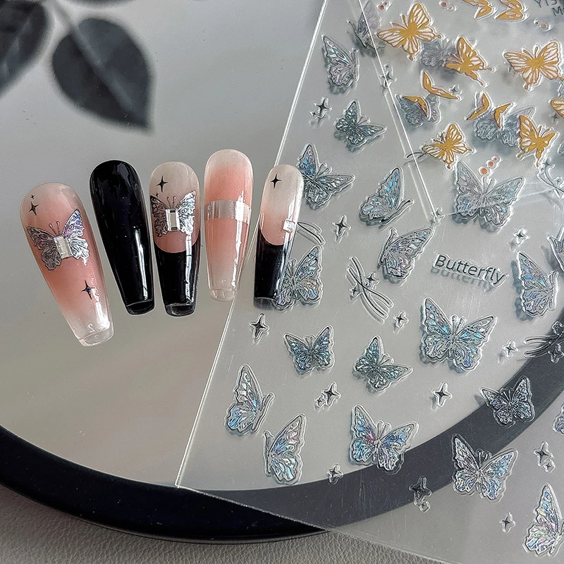 Pegatinas para uñas de mariposa láser, viento degradado, dorado, plateado, patrón de rejilla líquida transparente de hielo, cinta adhesiva trasera para estérismo