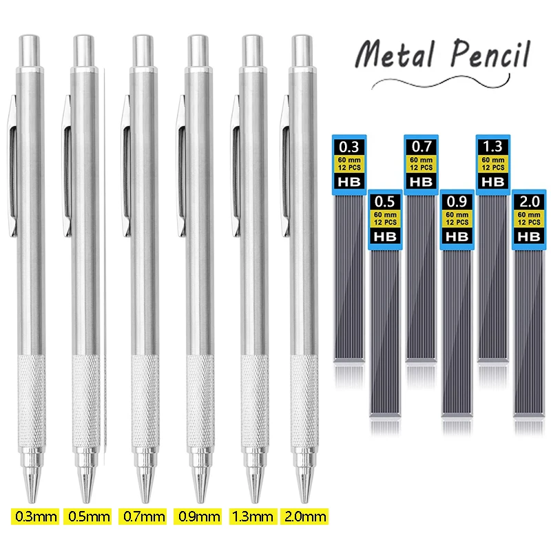 

0.3 0.5 0.9 1.3 2.0mm Metal Mechanical Pencil Set with HB Leads Art Drawing Painting Automatic Pencil Office School Stationary