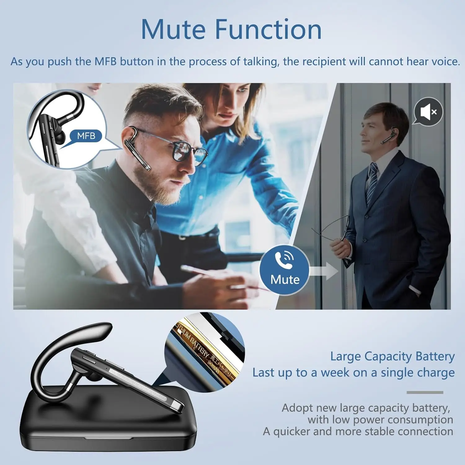 

Ear-hook business Bluetooth headset, BT 5.1,ENC call noise cancellation, AI translation、recording, ultra-long battery life,
