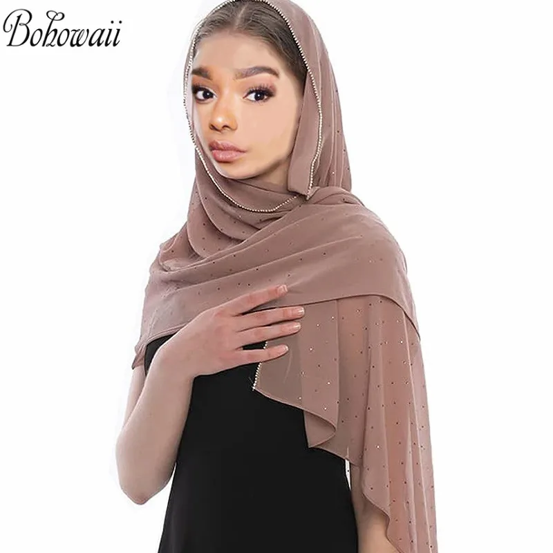 

BOHOWAII Muslim Fashion Chiffon Hijab Scarf Solid Color Turban Rhinestone Long Islamic Hijabs Femme Shawl and Wrap for Women