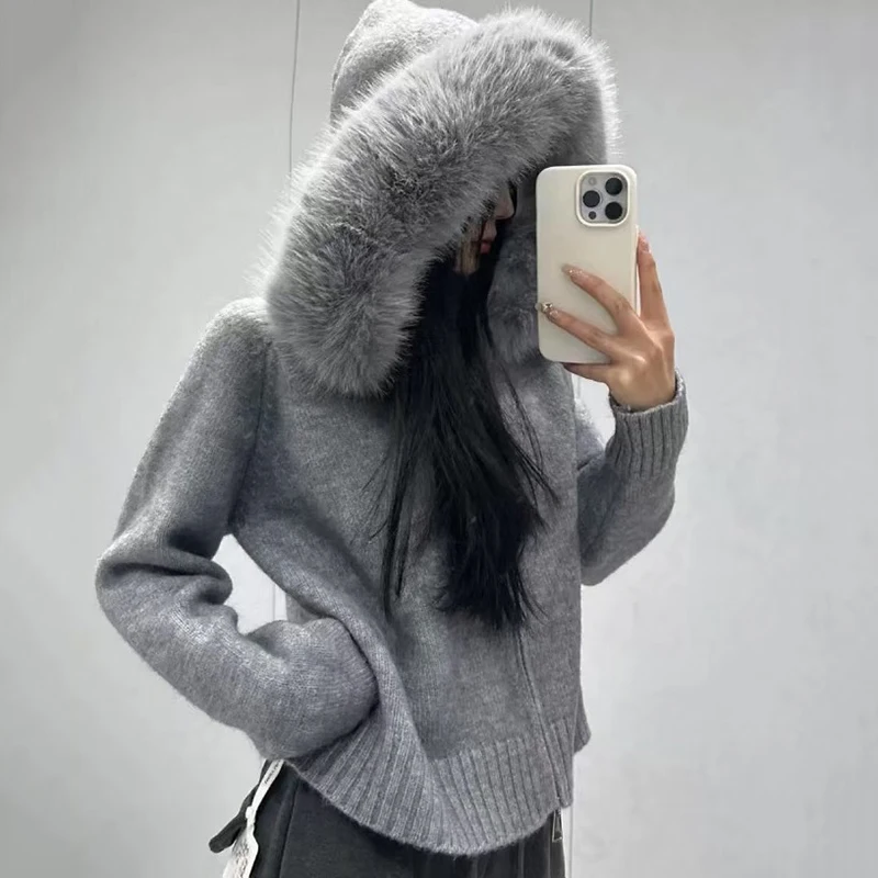 

Korean Fur Collar Cardigan Jacket Women New Zipper Up Long Sleeve Knitted Cardigans Woman Chic Warm Hooded Sweater Coat Female