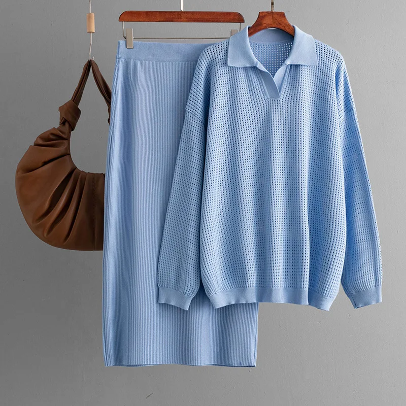 

Повседневные свободные пуловеры с воротником-поло и длинными рукавами + однотонная юбка-миди с эластичной резинкой на талии, комплект из 2 предметов, женская одежда