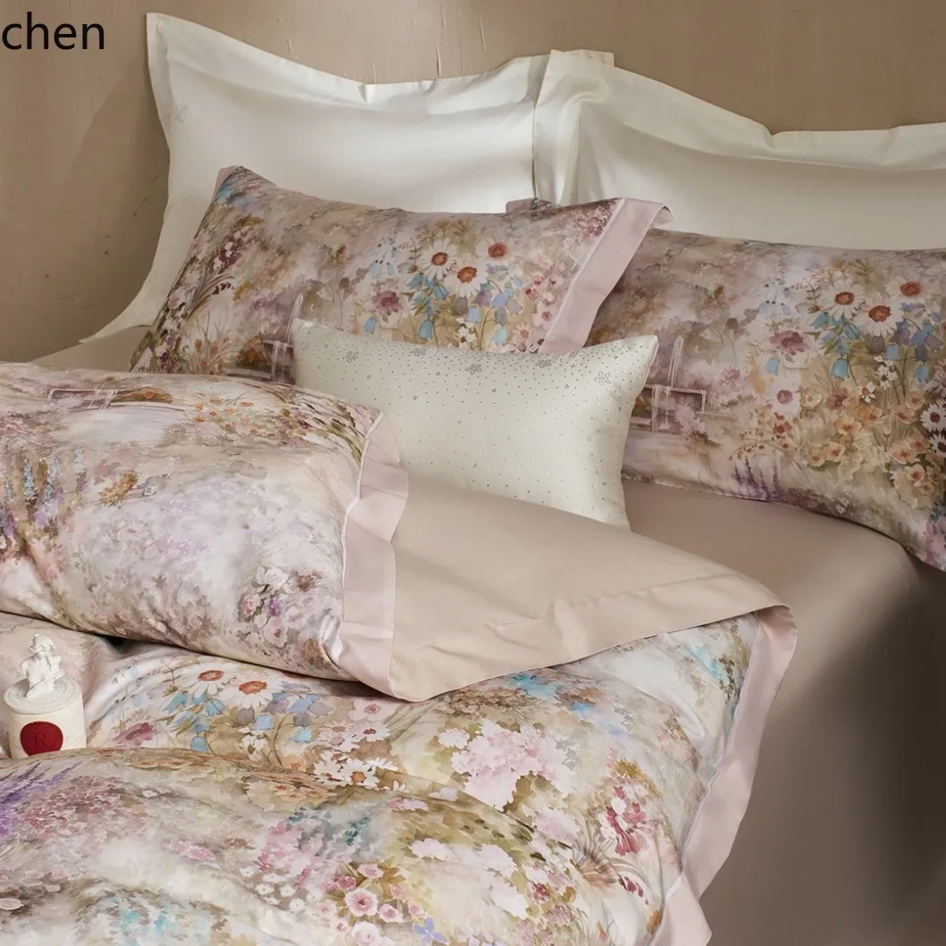 HXL High-end 60s Tencel Cotton Brushed Print Four-piece Bedding Set with Bed Sheet and Duvet Cover
