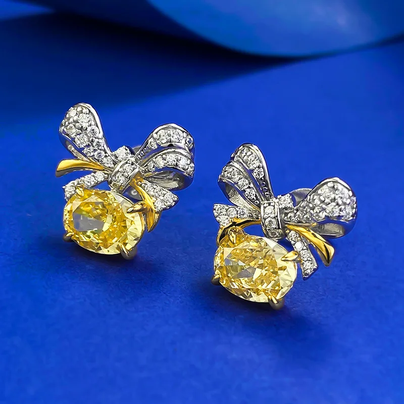 and American New S925 Butterfly Earrings Imported High Carbon Diamond 6 * 8 Elliptical Wealth Yellow Diamond Earrings