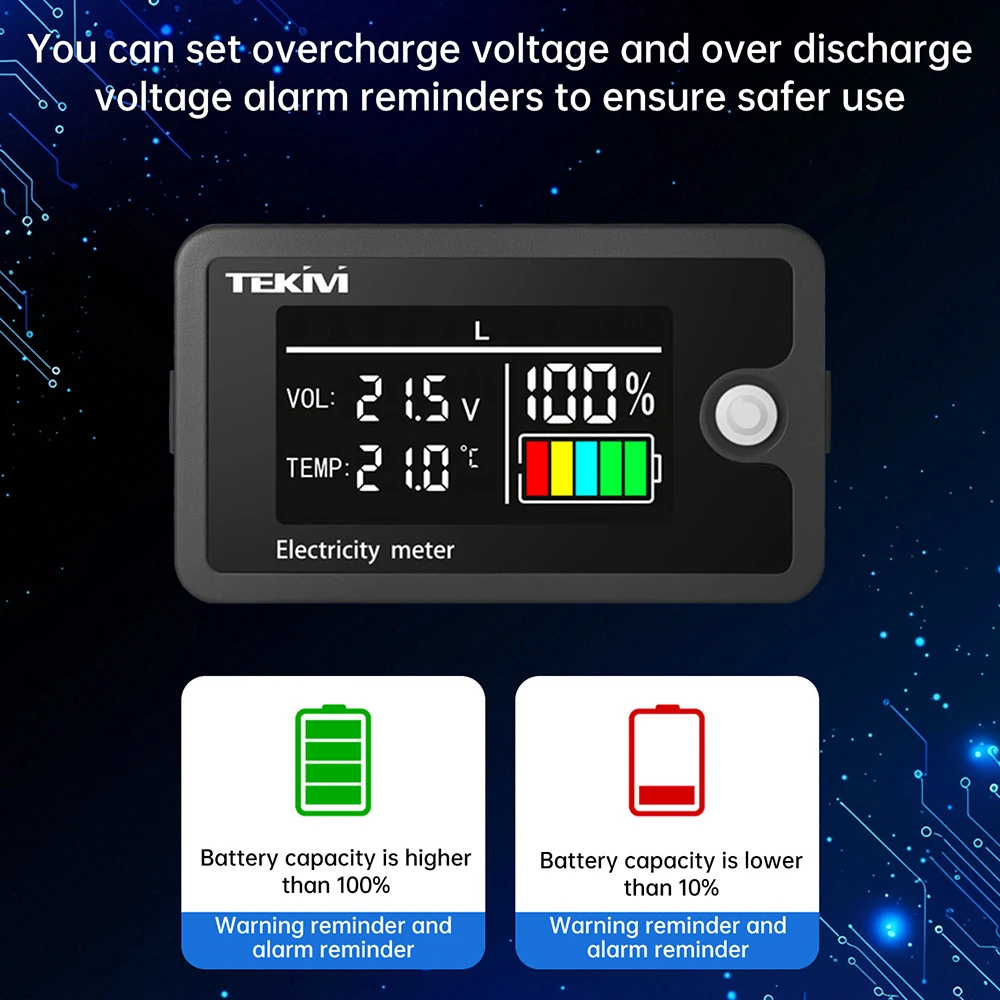 DC 8-100V Digital Voltage Power Meter LiFePO4 Acid Lithium Battery Capacity Indicator with Temperature Display Overcharge Alarm