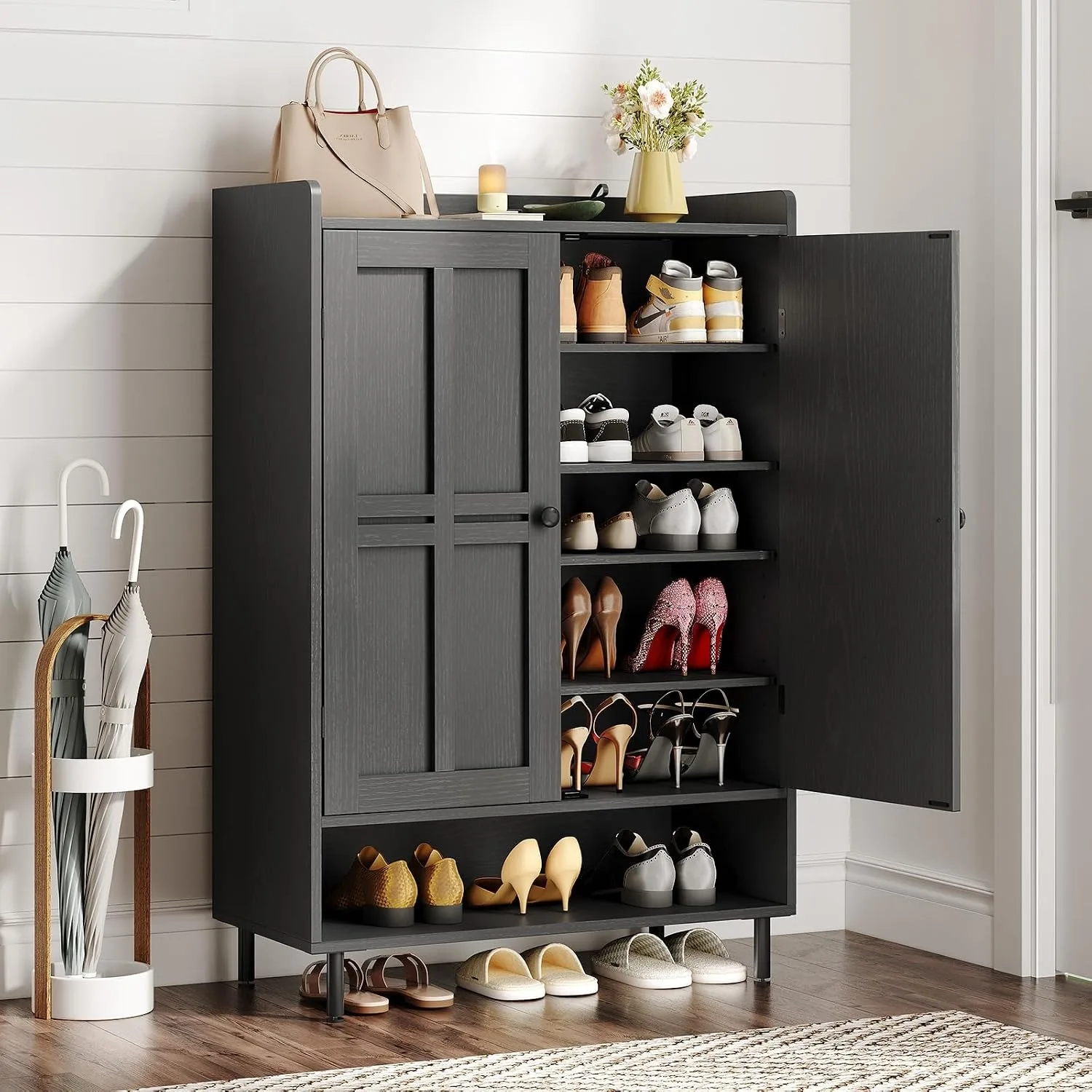 45" Shoe Cabinet with Cross Molding Doors & 6-Tier & 3 Adjustable Shelves & Metal Legs for Shoe Storage, Custom
