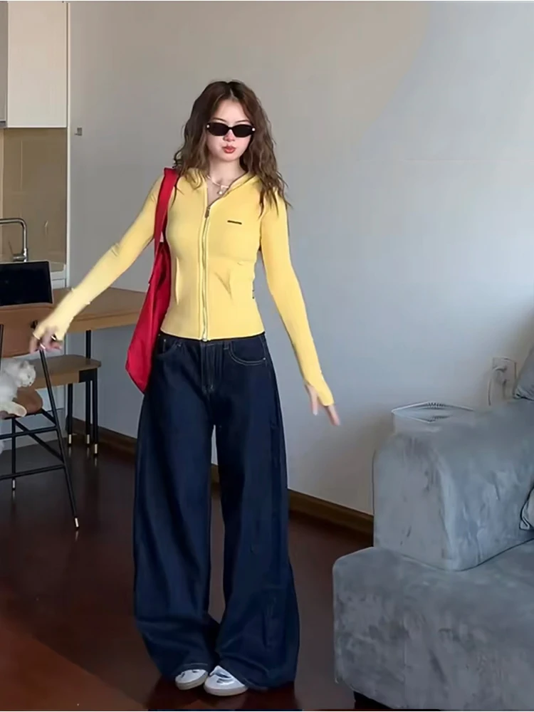 High Waist Wide Leg Blue Jeans Women's Autumn Winter Loose Slimming Floor Length Straight Cut Denim Pants Retro Sle